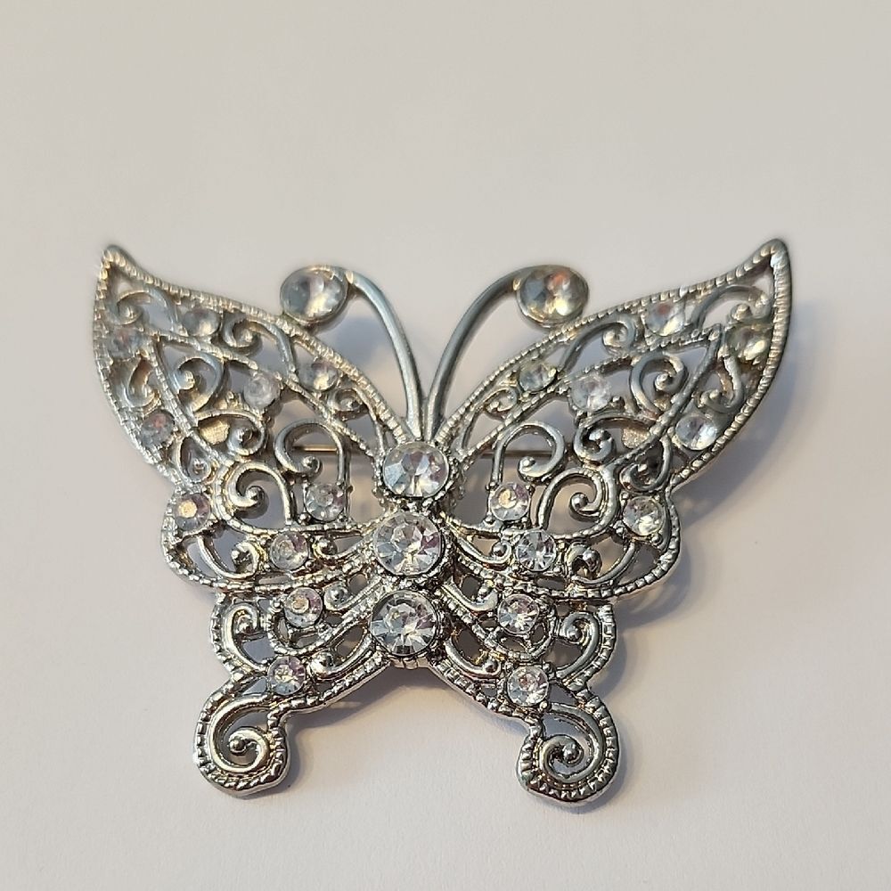 Silver Butterfly Brooch with Rhinestones